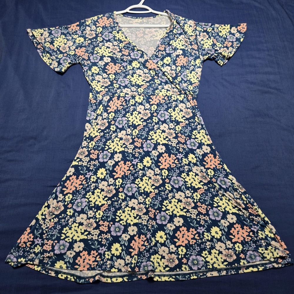 41Hawthorn Dressā Womens L Blue Floral Jersey Fit & Flare Short Sleeve Casual